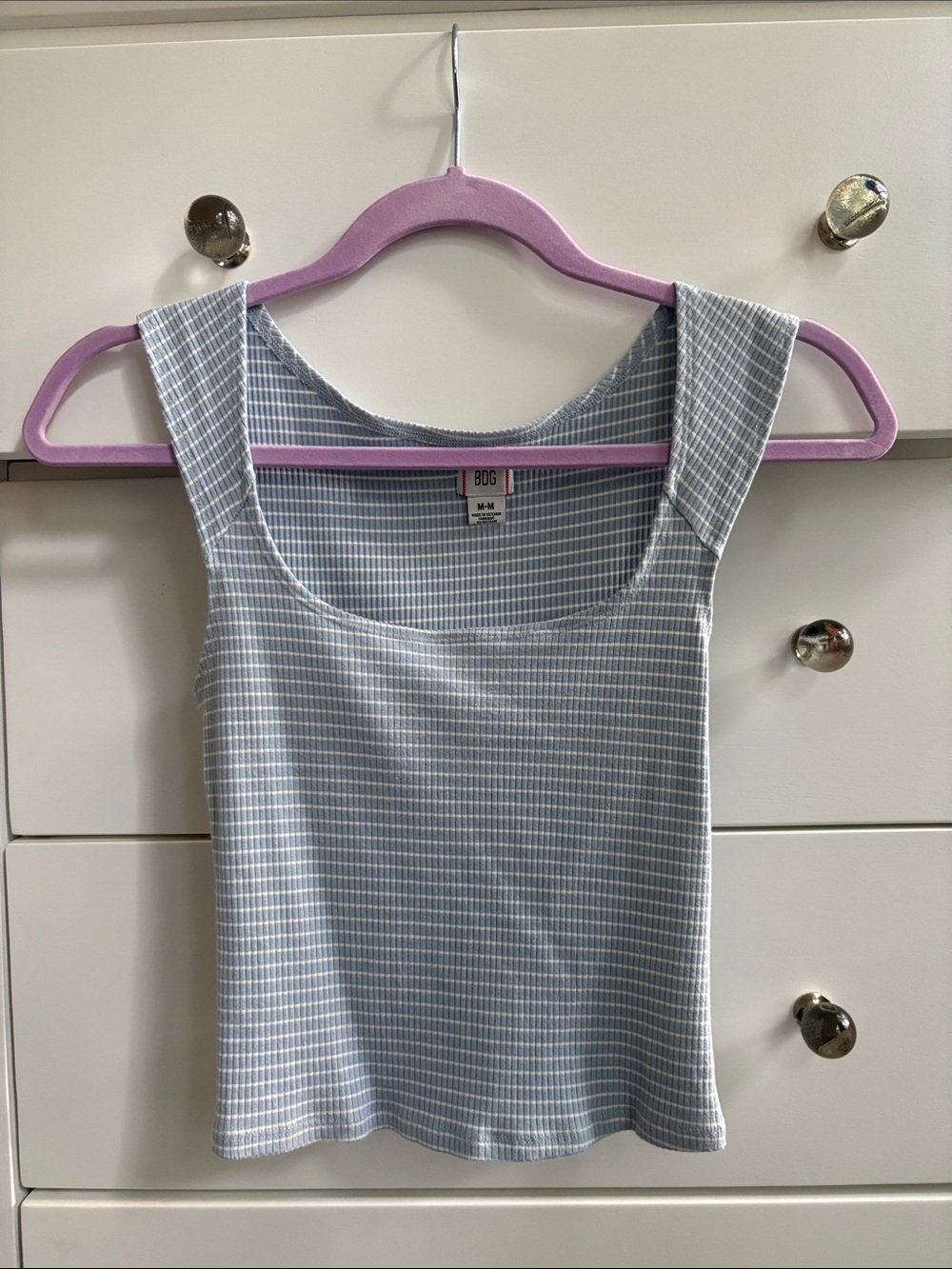 BDG Light Blue Check Ribbed Square-Neck Tank